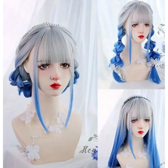 Long Silver Blue Gradient Synthetic Cosplay Anime Femboy Wig*Halloween*New - Picture 3 of 3